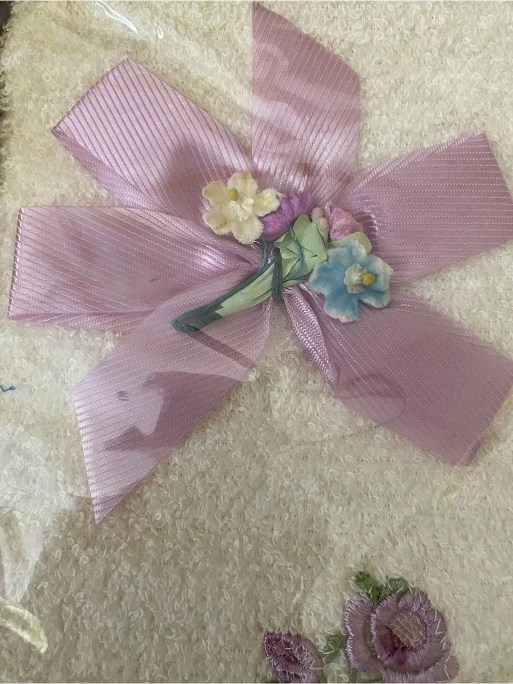 Vintage Soft cream towel set with delicate lavender-purple rose embroidery